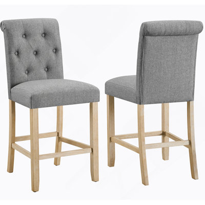 Siena Counter Height Button Tufted Back Solid Wood Stools, Set of 2, Gray