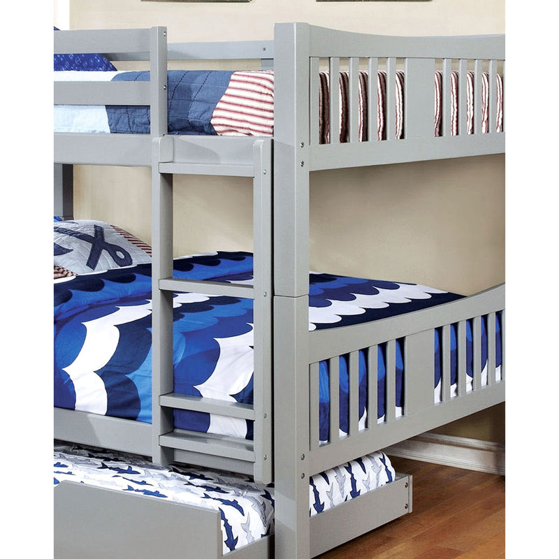 Transitionnel, lit superposé double, couleur grise, attaché, 13 pièces Lattes, rails à joints verrouillables, bois massif, finition transitionnelle pour chambre à coucher, rails avec insert et verrou, - lit approprié