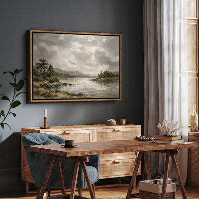 «Serene Lakeside Landscape with Distant Mountains and Soft Clouds», reproduction d'art encadrée