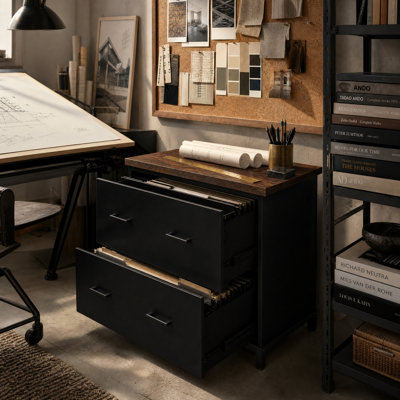 Classeur latéral à 2 tiroirs, classeur en bois rustique pour le bureau personnel, format A4 / lettre, support pour imprimante avec rangement et structure en acier robuste, brun et noir