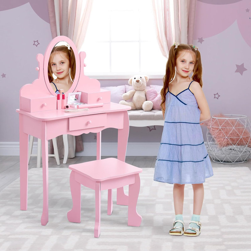 Ensemble de coiffeuse maquillage avec miroir et tabouret Table de maquillage en bois pour filles de 4 à 9 ans, Rose