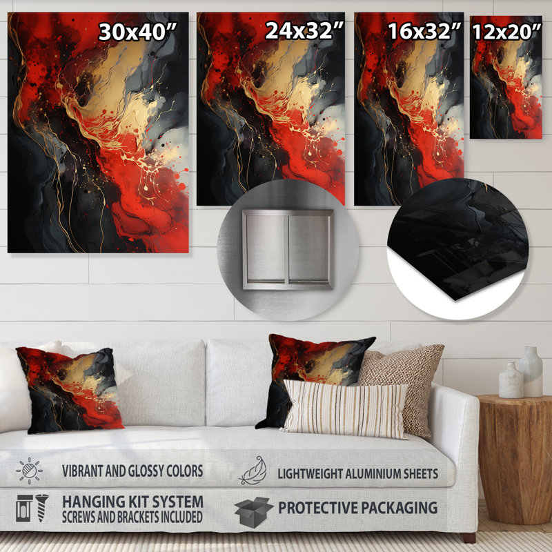 Rouge et or feu de marbre V - art mural abstrait en métal, H 20 po x l 12 po x P 1 po