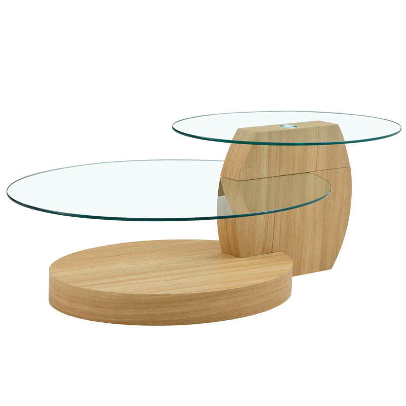 Table basse à double couche en grain de bois avec comptoir ovale en verre trempé