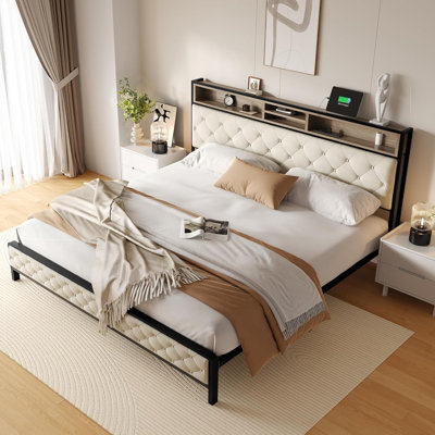 King Upholstered Platform Bed Frame with Storage Headboard, USB Charging Station, Metal Slats, No Box Spring, Beige