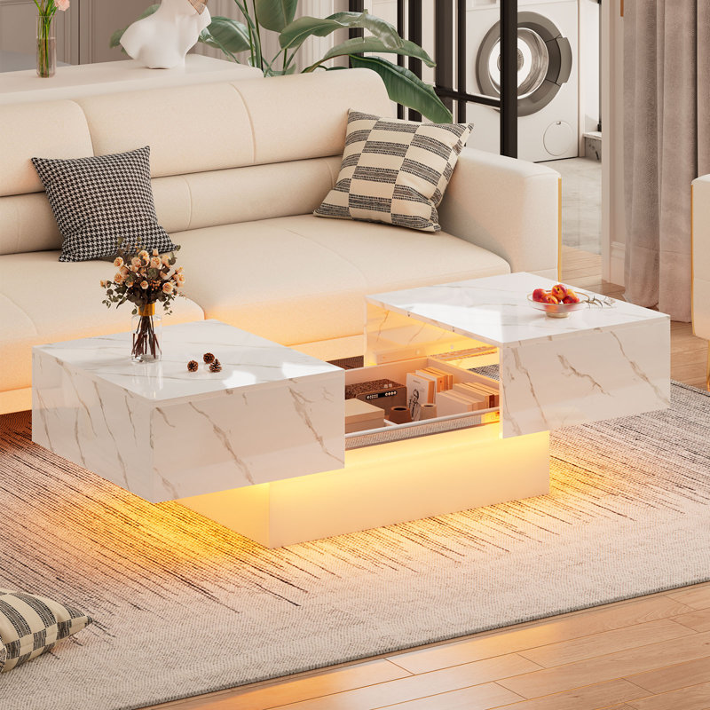 Hidden Storage Coffee Table, Extendable LED Rectangular Center Cocktail Table for Living Room
