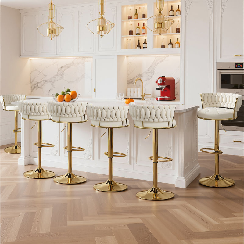 6 Pcs Upholstered Bar Stools With Woven Backrest, Height Adjustable Counter Stools Set Of 6, Swivel Kitchen Stools, White