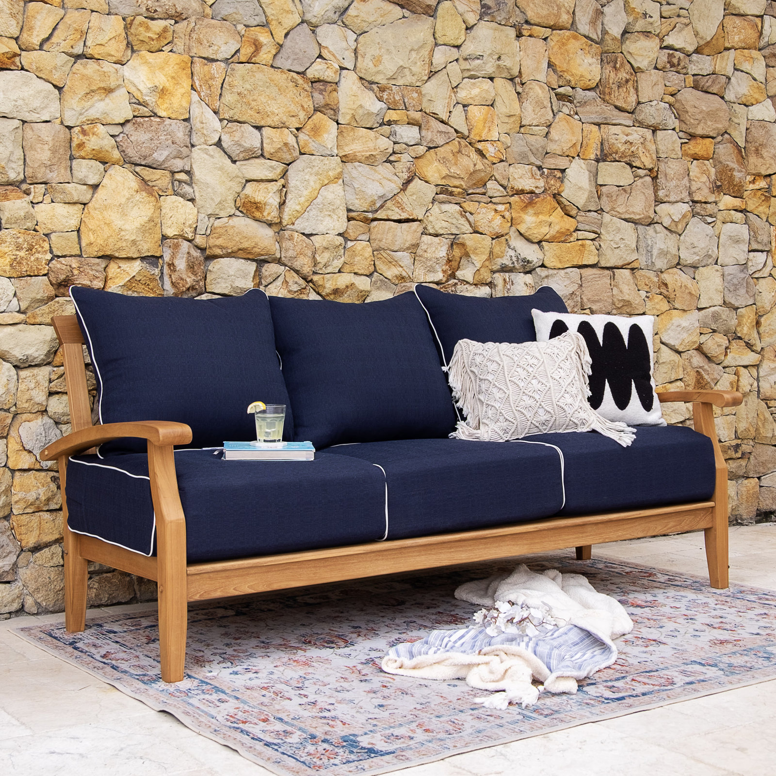 Summerton 78" Teak Patio Sofa, Navy White Piping