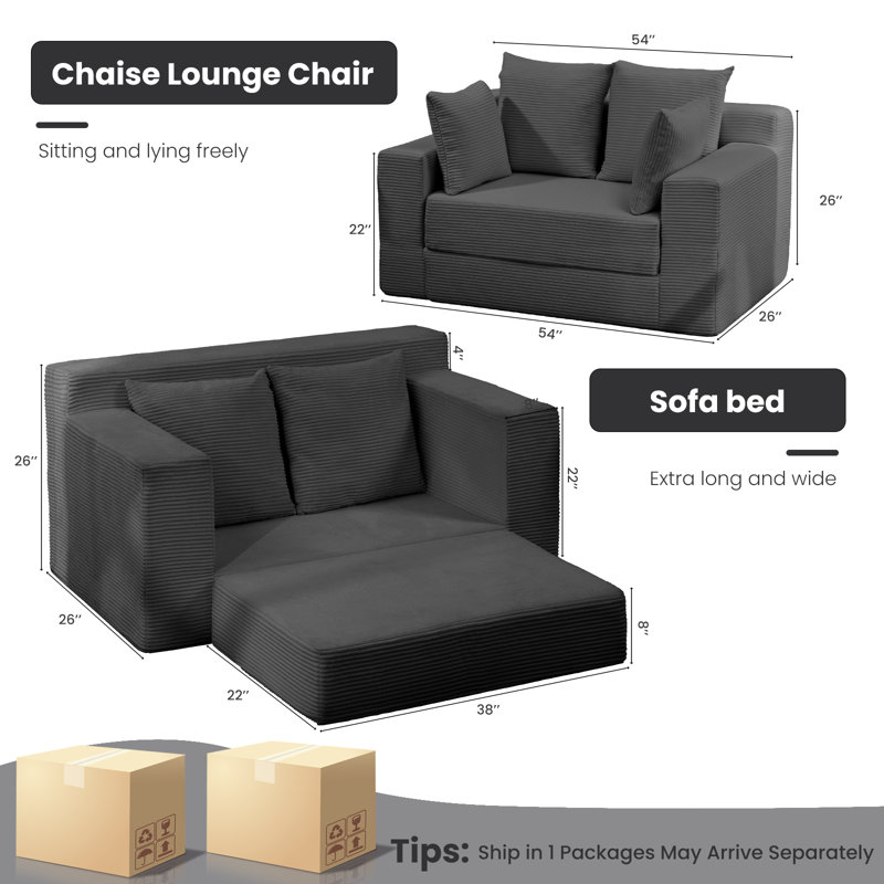 Canapé-lit en velours côtelé 3 en 1 Corduroy, canapé-lit pliant pour enfant - Chaise longue et futon, canapé-lit avec 4 coussins pour le salon, gris