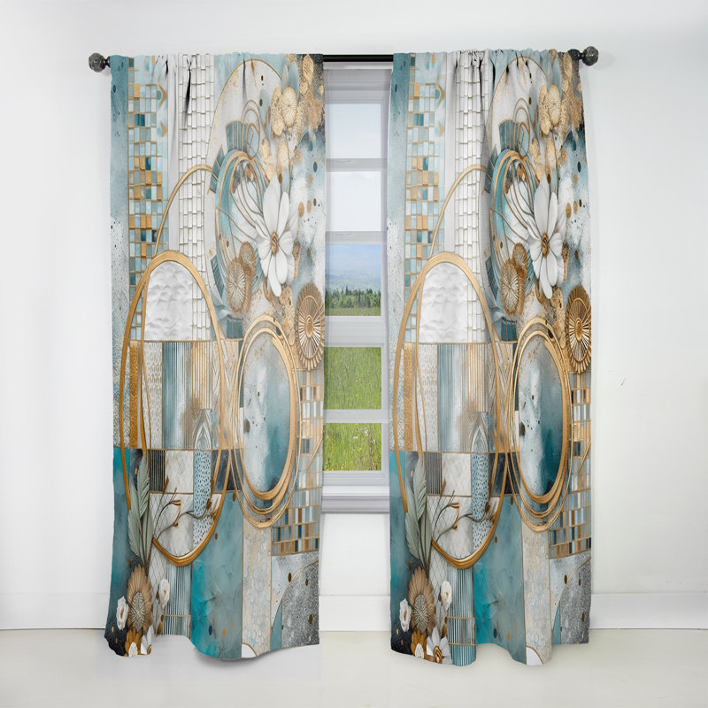 Kacey - Golden Blue Mosaic Floral Design II - Traditional Curtain - Velvet Room Darkening - 1 panel, 52" W x 84" L