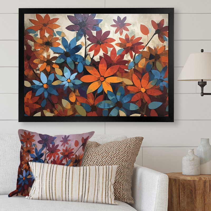Décoration murale marguerite orange et bleu II - marguerite florale, H 12 po x l 20 po x P 1 po, Cadre photo noir