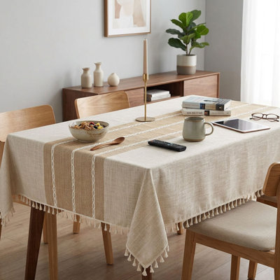 Rustic Cotton Linen Tablecloth With Tassels, Waterproof Rectangle Table Cover For Dining, Kitchen (55" X 102")