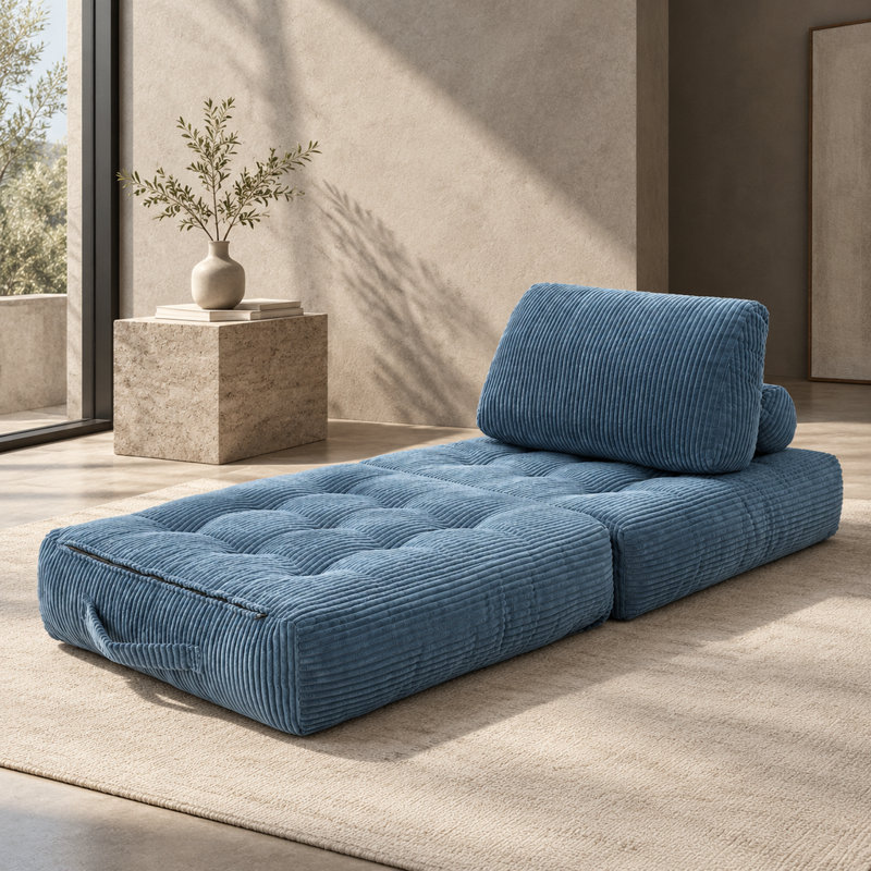 Pouf en velours côtelé, mini canapé bleu confortable pour la chambre d'étudiant ou la chambre à coucher