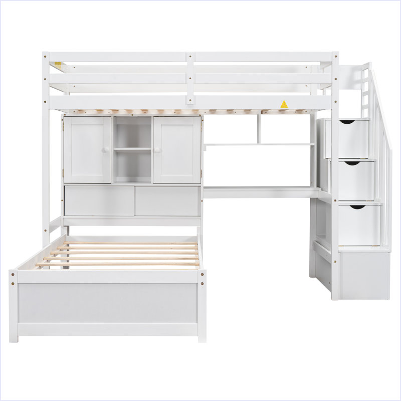 Lit mezzanine simple au-dessus de simple avec bureau intégré et escalier, avec compartiments de rangement et tablettes, Blanc