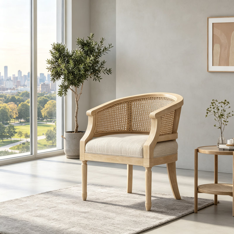 Fauteuil d'appoint d'inspiration française avec sangle de canne et structure en bois d'hévéa vieilli, parfait pour une décoration intérieure élégante