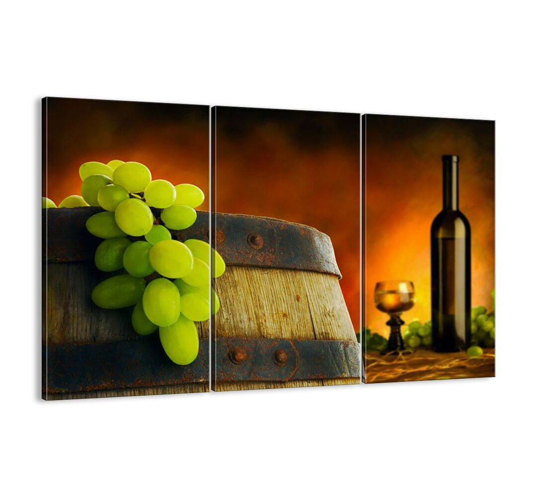 3-tlg. Leinwandbilder-Set - Grafikdruck „Still Life with a Bottle of Wine and a Bunch of Grapes”