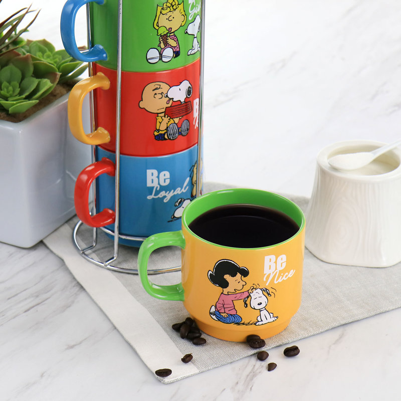 Gibson Peanuts Classic Gentle Reminders Collection 4 Piece Stoneware Stackable Mug Set With Metal Stand In Assorted Colors