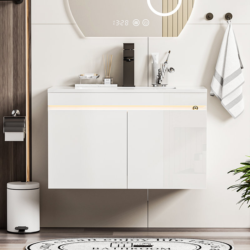 Ensemble de meuble-lavabo de salle de bain avec lavabo, armoire de salle de bain ultrabrillante, armoire de lavabo murale intelligente avec détecteur de mouvement et lumière à DEL, meuble-lavabo flottant moderne avec robinet