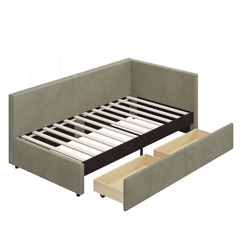 Twin Size L Shape Corner Bed, Corduroy Upholstered Daybed, Green