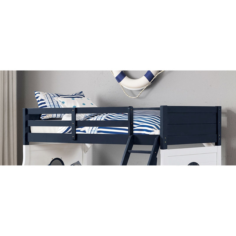 Lit superposé simple au-dessus de double moderne en bleu / blanc, avec attaches, rails et joint de serrure pour la chambre à coucher bleu / blanc avec structure en bois massif en angle