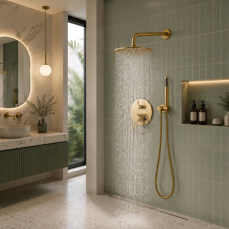 Système de douche encastré à deux poignées avec pomme de douche, Or brossé