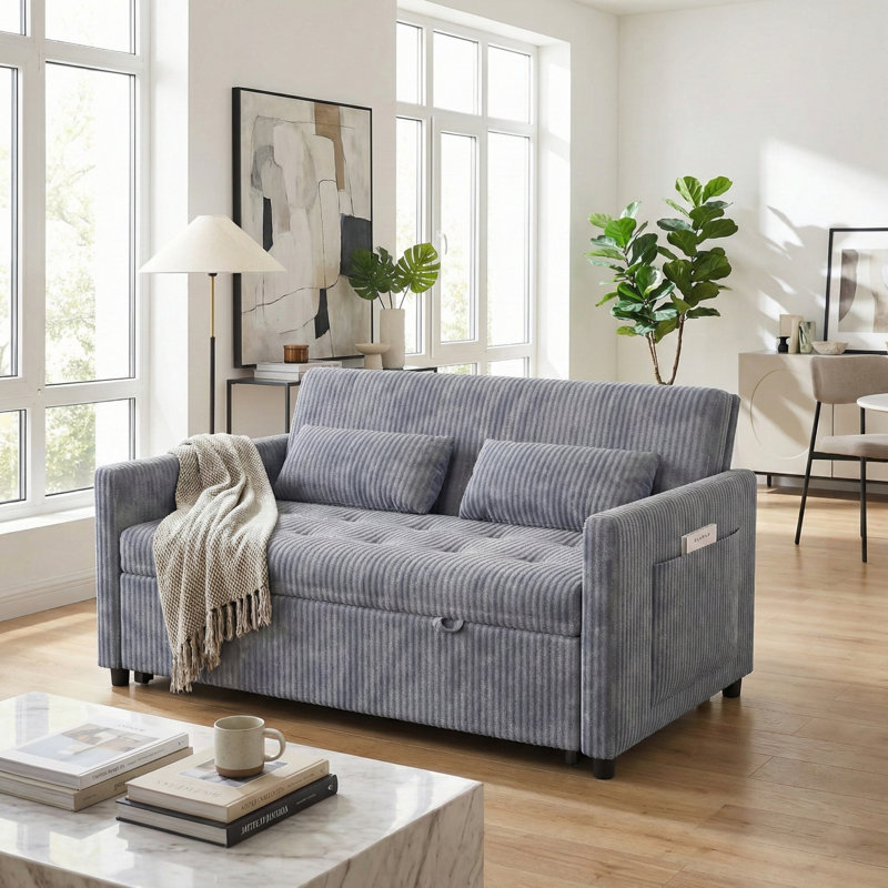 53" Corduroy Convertible Loveseat Sleeper Sofa with Pull-Out Bed, USB & Storage, Gray Velvet