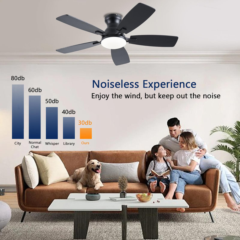 42 Inch Low Profile Ceiling Fan with Light and Remote Control, Black, Black