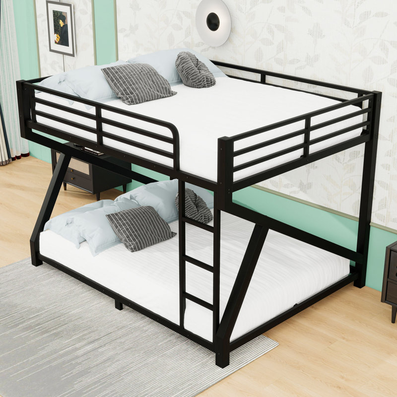 Metal Bunk Bed with Guardrails and Safety Ladder, Queen Over Queen