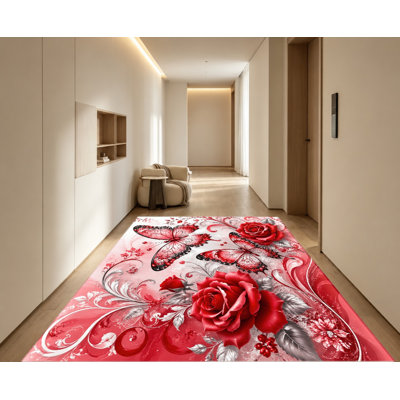 Tapis rouge à motif de papillons roses, motif floral rétro, tapis artistique, tapis antidérapant, décoration intérieure pour le salon, la chambre à coucher, le vestibule, la cuisine, le balcon