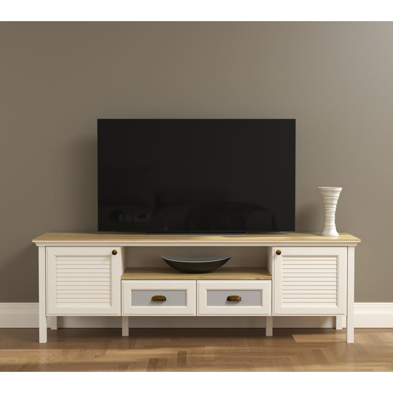 Traditional TV Stand with Multiple Shelves, Cream & Oak Finish, 71.3 x 22.8 x 17.4 inches | 100% Melamine Coated Particle Board & MDF Legs | Wall-Mountable Design, Stylish Metal Handles, Durable & Functional