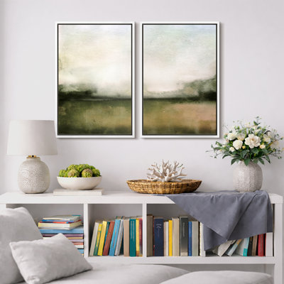 Minimal Landscape "Muted Green Watercolor Artwork, Classic Simple Minimalist Wall Pictures, Framed Canvas Giclee Print 2 Pieces Wall Art Set" 16x24x2 pcs, 24x36x2 pcs