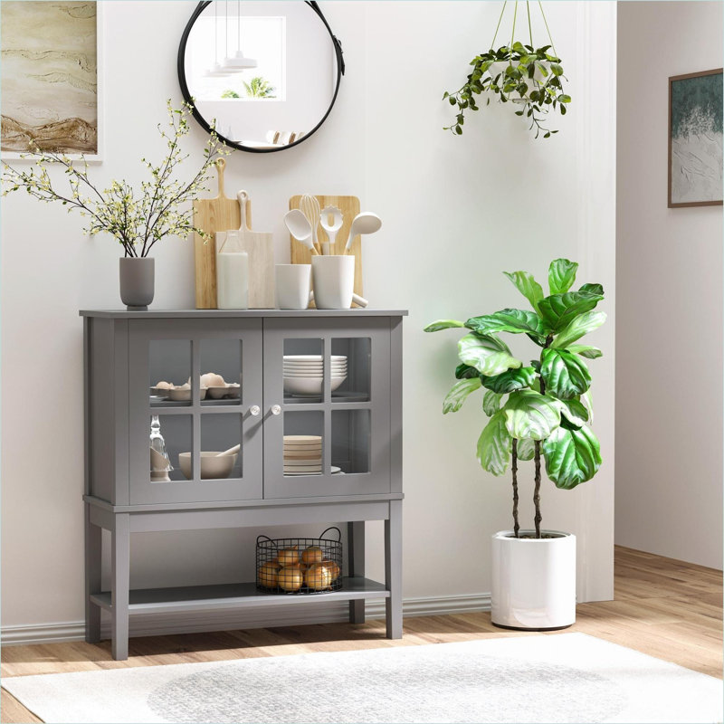 Armoires | Buffet Coffee Bar, 2 portes en verre trempé, tablette intérieure réglable, tablette inférieure ouverte, gris ardoise 31,5 po | Moderne | Panneau de fibres à densité moyenne