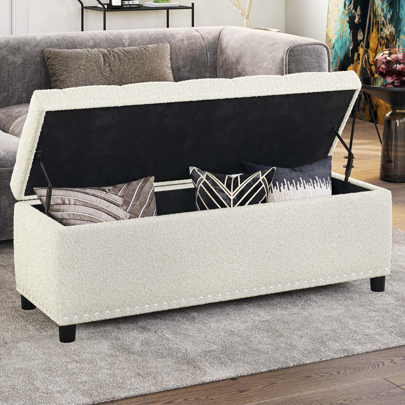 Upholstered Ottoman, Black, White Teddy Fleece