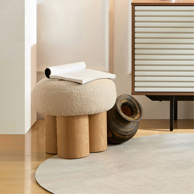 Tabouret champignon, coussin, tuyau en tonneau en bois (seulement repose-pieds), Grège, Brun