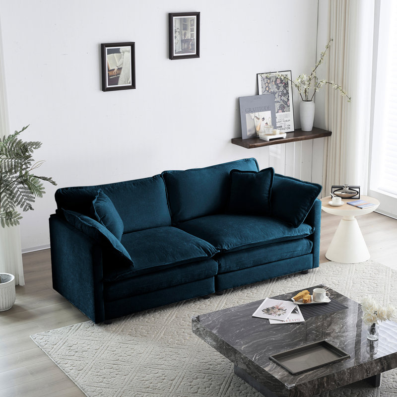 Salon - chenille bleue, 4 coussins inclus, structure en bois massif, chenille haute 2 pour la chambre, rembourrage en éponge, base, confortable et relaxant