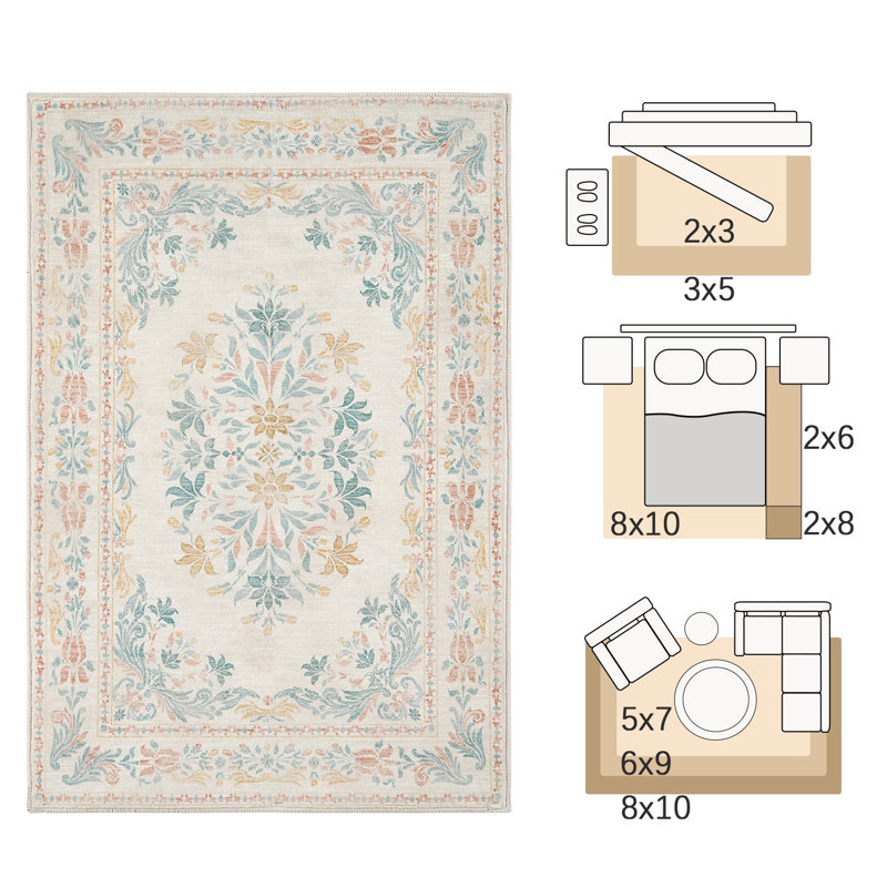 Vintage Floral Distressed Design Non-Slip Low-Pile Soft Thin Faux Wool Area Rug, Rectangle 2' x 3'