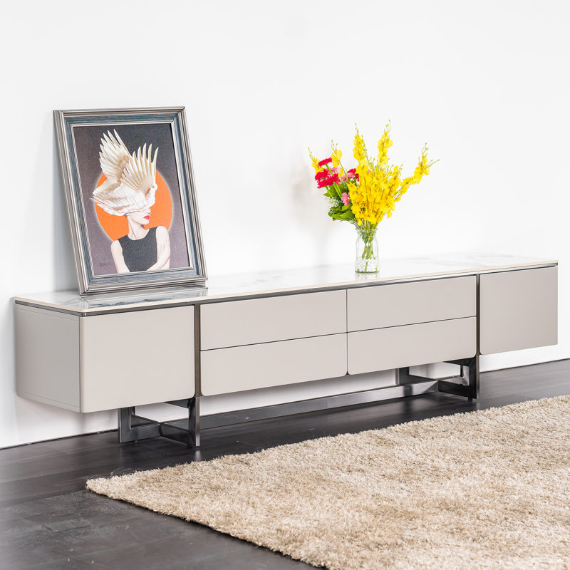 Modern Porcelain Top TV Stand with 4 Drawers and 2 Storage Cabinets