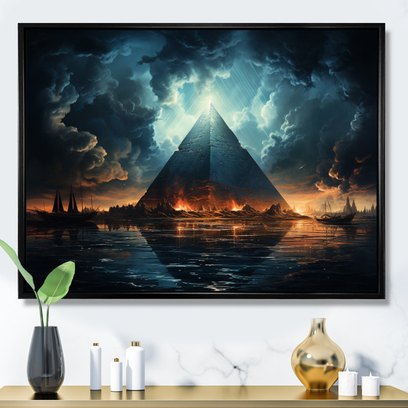 Pyramide réverbération monochrome sur toile, Cadre flottant noir, H 12 po x l 20 po x P 1 po