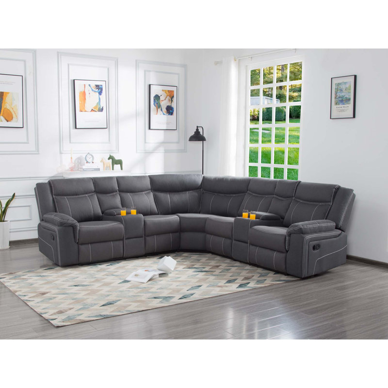 Carmetta Upholstered Reclining L-Shaped Sectional Symmetrical, Gray Polyester Blend