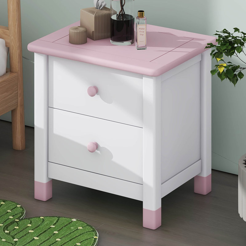 Table de chevet 2 tiroirs, Blanc / Rose
