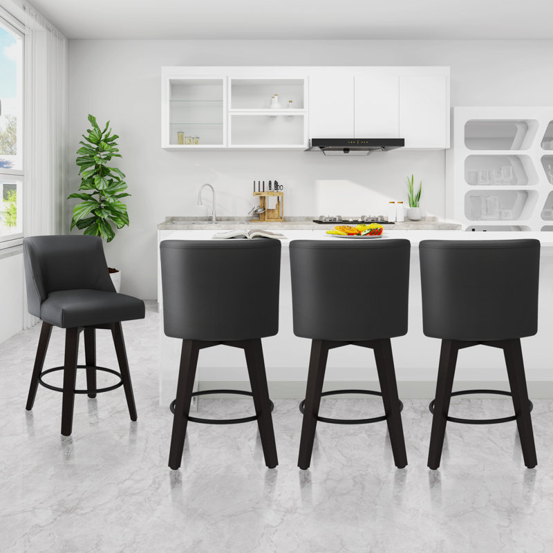 Tabouret pivotant avec structure en bois massif Malakeh, Tabouret de comptoir (siège d'une hauteur de 26 p, Noir anthracite