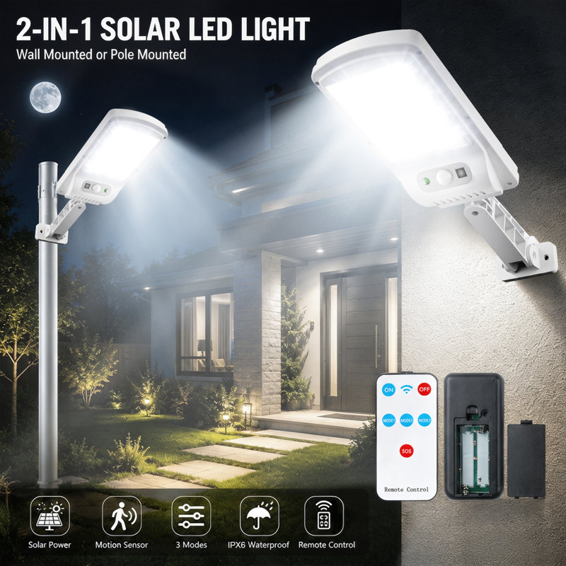 Lampadaires solaires d'extérieur, 160 projecteurs solaires super lumineux étanches 6500K avec capteur de mouvement, angle réglable à 180 °, lumières de sécurité solaires crépusculaires à l'aube pour la cour, l'allée et le parc de stationnement