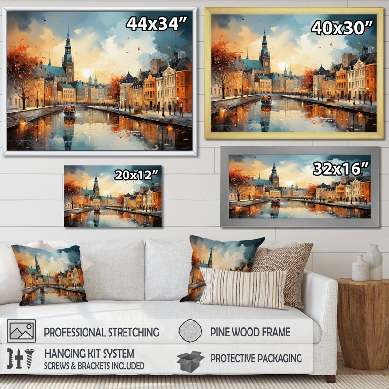 Danemark, paysage urbain symphonie II sur toile, Encadrement doré, H 30 po x l 40 po x P 1,5 po