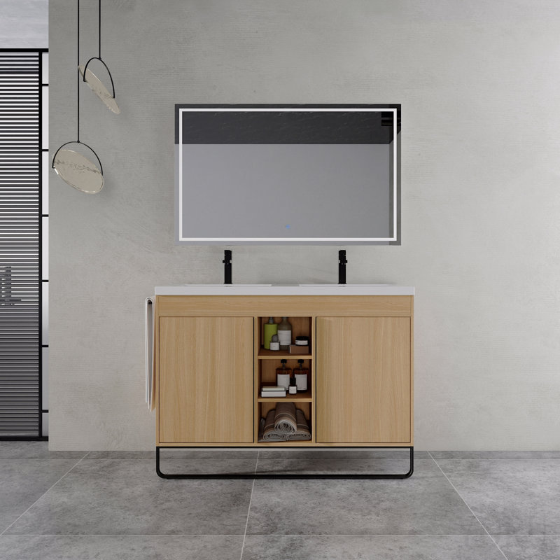Meuble-lavabo autoportant de 122 cm (48 po) avec lavabo double en résine, 2 portes à fermeture amortie et 3 étagères de rangement ouvertes, emballage démonté, contreplaqué