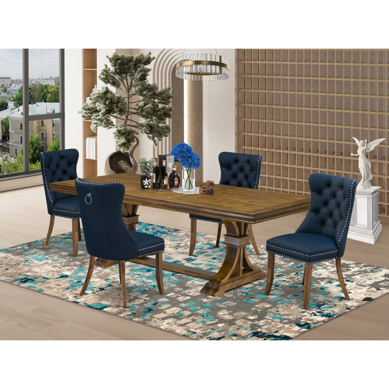 Cet ensemble de salle à manger moderne 5 pièces comprend une table de cuisine rectangulaire et 4 chaises de salle à manger en tissu de polyester bleu marine, noyer antique