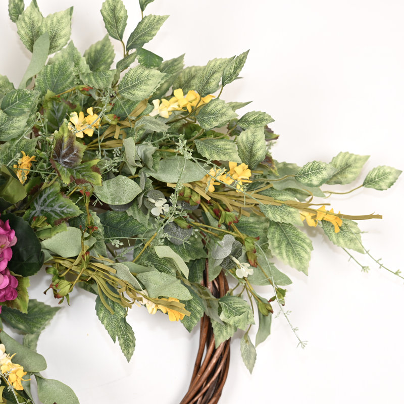 Couronne d'hortensia fabriquée à la main 24 po pour porte d'entrée, Mauve / Vert