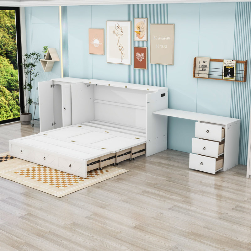 Grand lit escamotable avec bureau intégré et port USB et grand tiroir, Blanc