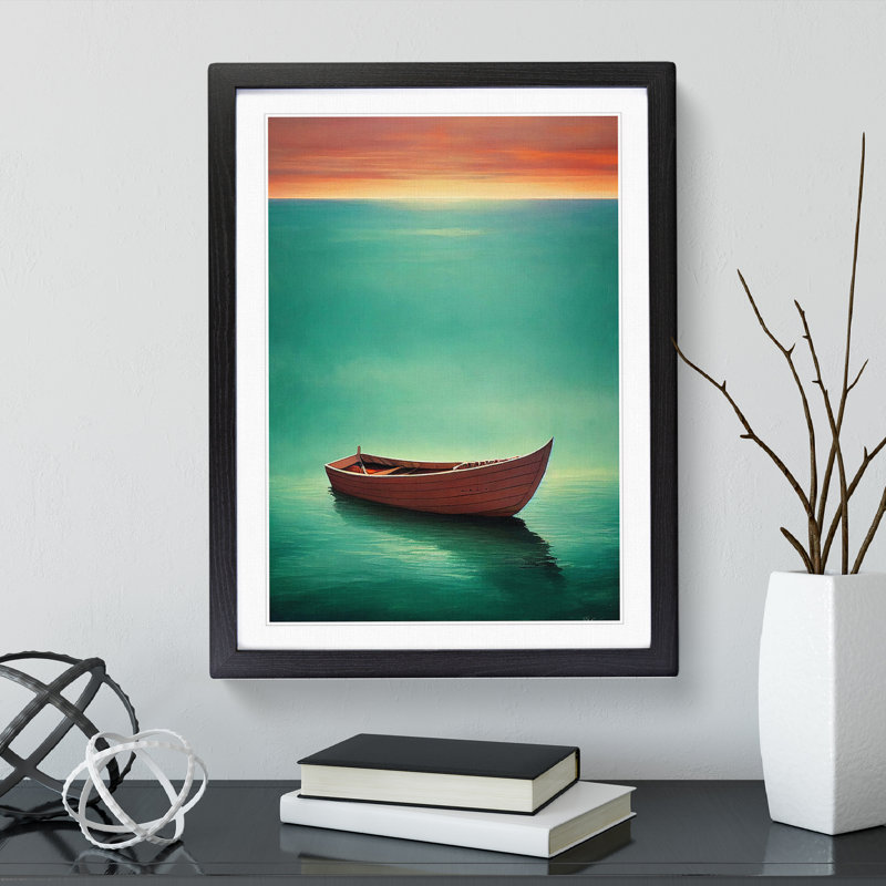 Wooden Boat On The Ocean - Single Picture Frame Print, Black Framed, 64cm H x 46cm W x 2cm D