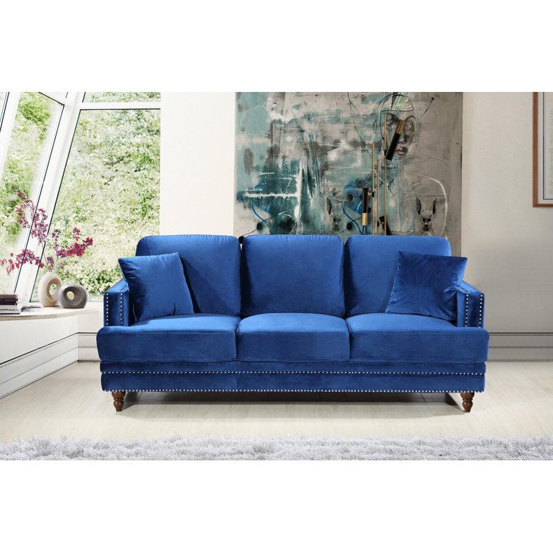 Aadi 83" Velvet Recessed Arm Sofa, Blue Velvet