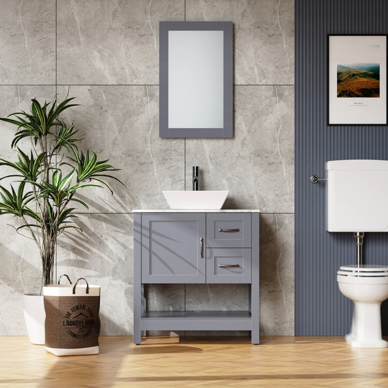 Meuble-lavabo de 30 po avec dessus en marbre résistant à l'huile - goutte et fissure, revêtement en feuille spéciale, robinet d'évier gris à valeur compétitive et égratignure de drain, convient à toutes les salles de bain