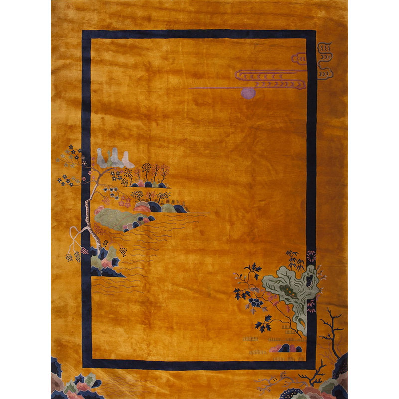 Large Rectangle 1920s Hand Knotted Pile Antique Yellow / Gold Chinese Deco Rug